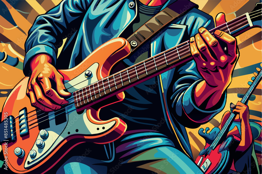 Naklejka premium The guitarist plays an electric guitar with a Sunburst finish. The emphasis is on the hands on the fingerboard. The atmosphere is that of a concert, relaxation and enjoyment of listening to music