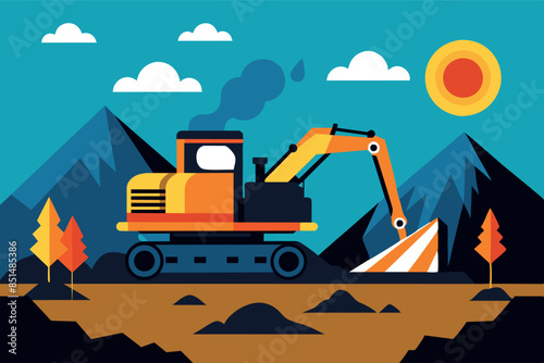 Excavator, works by moving earth or digging. Working in a quarry, mining. energy and dynamics of heavy machinery
