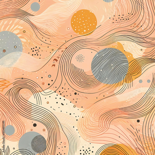 Wallpaper Mural Abstract hand drawn flat background of Peach Fuzz with curves, dots and speckles. Peach fuzz illustrations with leaves and some geometric shapes. Torontodigital.ca