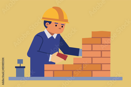 A construction worker in a yellow safety helmet and blue overalls is laying bricks to build a wall. The theme of new buildings and expectations