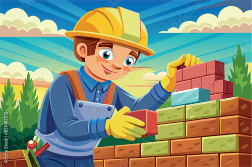 A construction worker in a yellow safety helmet and blue overalls is laying bricks to build a wall. The theme of new buildings and expectations