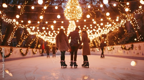 Couples gracefully ice-skate at a twinkling outdoor rink, savoring the enchanting winter atmosphere. © klss777