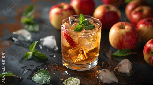 A glass of apple juice with ice cubes and mint leaves, surrounded by apples on the table, is a refreshing drink that adds an exotic touch to your summer avatar.