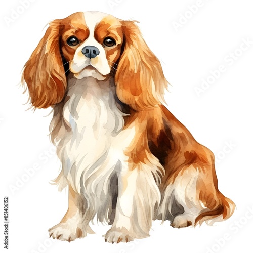 Detailed Watercolor of Adorable Cavalier King Charles Spaniel Dog Breed on White Background © yelosole
