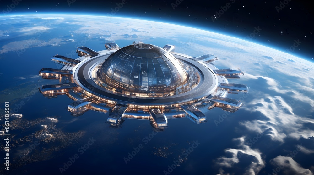 Futuristic Orbital Space Resort Floating above Earth's Atmosphere Futuristic Orbital Space Resort Floating above Earth's Atmosphere