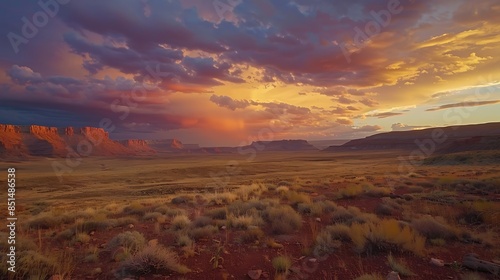 Vast Desert Landscape with Rolling Sand Dunes Under a Bright Blue Sky and Distant Mountain Range