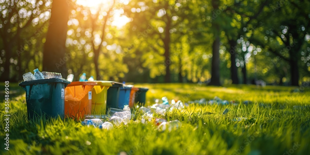 Fototapeta premium A row of eco-friendly trash cans. The sun shines and illuminates the garbage box, creating a beautiful scene symbolising the concept of environmental protection, renewables, and recycling. 