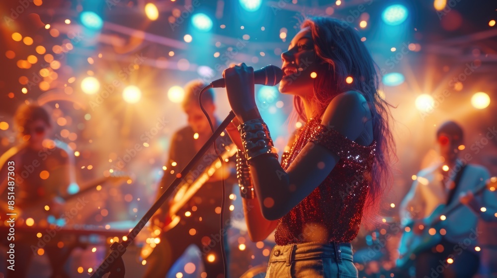 Glamorous Female Singer Performing with Live Band on Stage