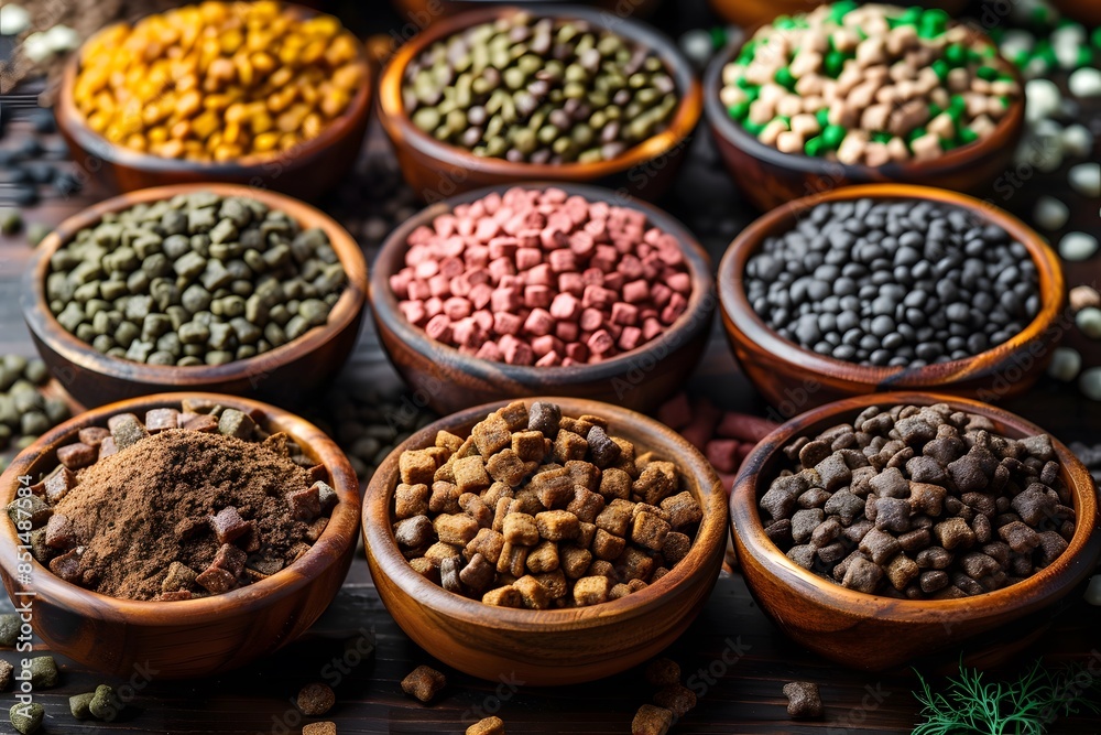 Assorted Fish Food Pellets and Powder in Wooden Bowls - Ideal for Aquariums and Fish Tanks Assorted Fish Food Pellets and Powder in Wooden Bowls - Ideal for Aquariums and Fish Tanks
