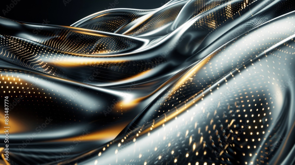 Abstract metallic waveforms with gold highlights, smooth flowing lines, and dotted patterns