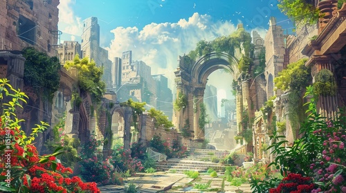 modern cityscape blended with ancient ruins and overgrown with vines and flowers AI generated
