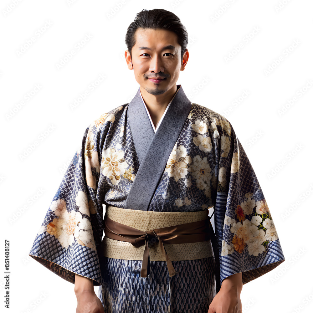 Man in traditional Japanese kimono with floral design, standing confidently, isolated on white background. Man in traditional Japanese kimono with floral design, standing confidently, isolated on white background.