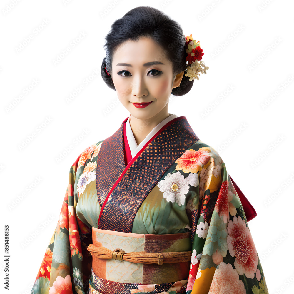 Elegant woman in traditional Japanese kimono with floral patterns, showcasing cultural attire and beautiful craftsmanship. Elegant woman in traditional Japanese kimono with floral patterns, showcasing cultural attire and beautiful craftsmanship.