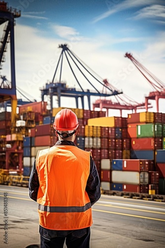 Professional stock photo of a logistic manager organizing shipping containers at a bustling port, with cranes and trucks in the background, emphasizing global trade