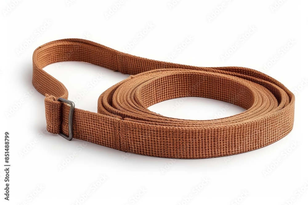 A yoga strap with a Dring buckle, white background