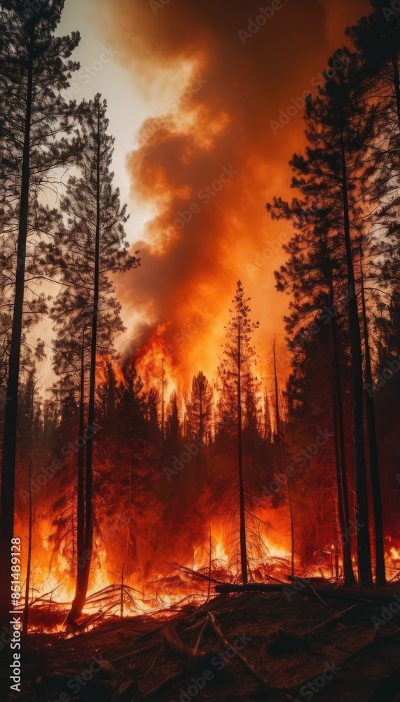 A dramatic scene of a forest engulfed in flames, with thick smoke and towering trees silhouetted against the fiery backdrop, capturing the intensity of a wildfire A dramatic scene of a forest engulfed in flames, with thick smoke and towering trees silhouetted against the fiery backdrop, capturing the intensity of a wildfire