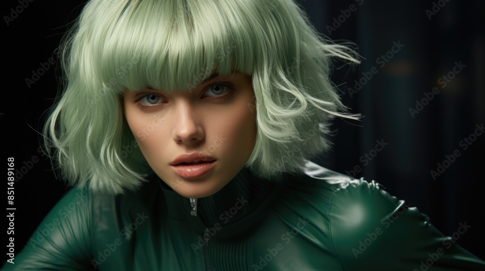 Mysterious Woman with Green Bob Haircut in Moody Lighting Mysterious Woman with Green Bob Haircut in Moody Lighting