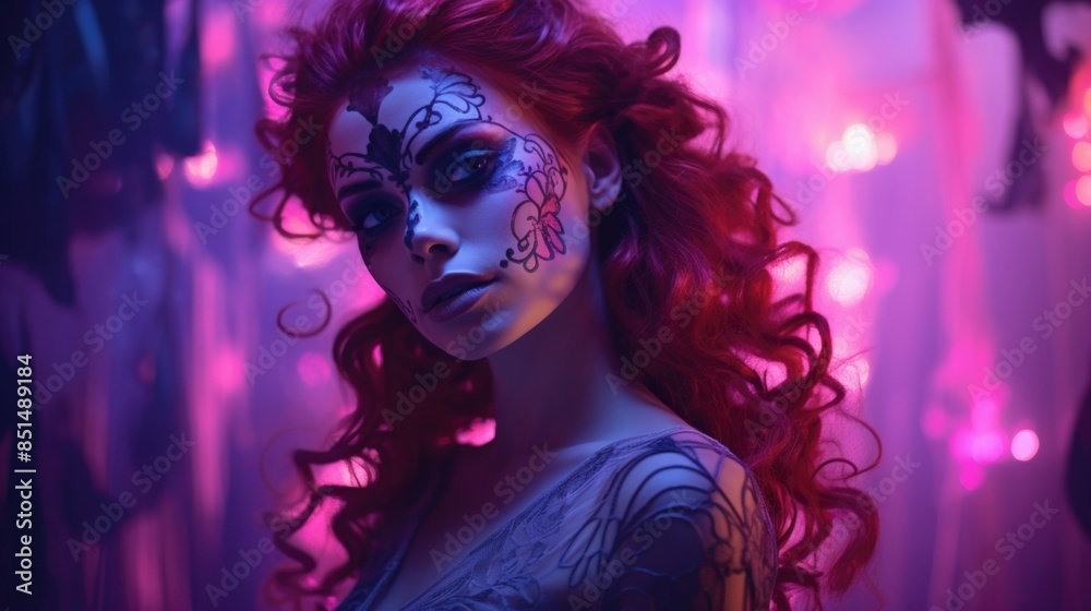 Mystical Red-Haired Woman with Ethereal Face Paint in Neon Lights Mystical Red-Haired Woman with Ethereal Face Paint in Neon Lights