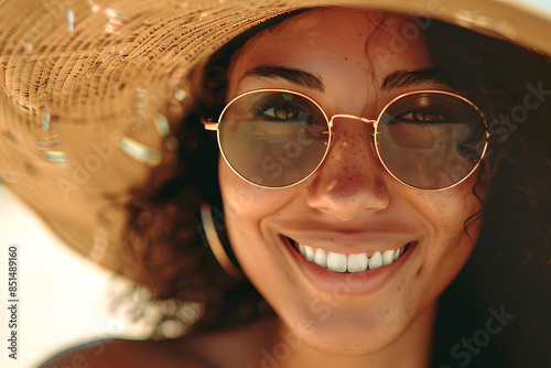 Closeup portrait of smiling Woman in Straw Hat and Sunglasses, sunbathing her faces under the beautiful sun of summer by the beach photo