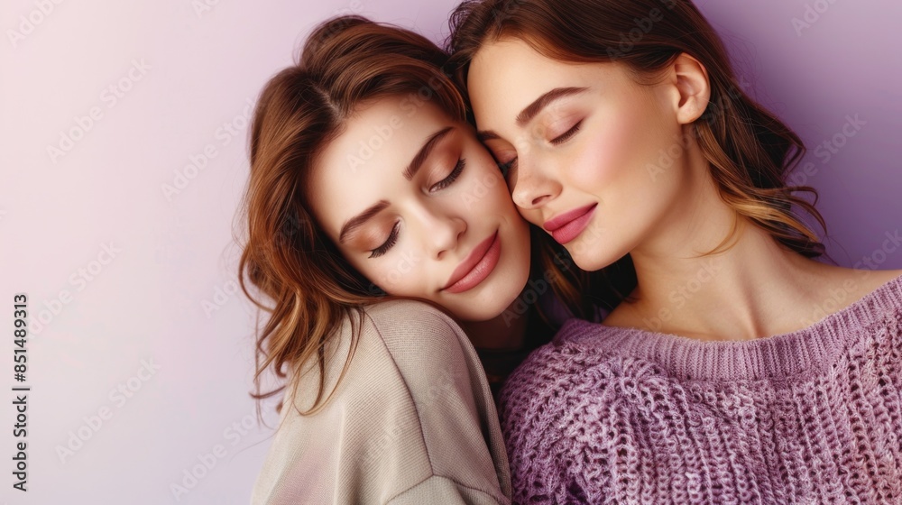 Serene Female Friendship Embrace on Soft Purple Background Serene Female Friendship Embrace on Soft Purple Background