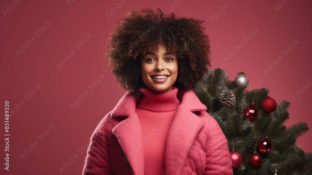 Radiant Woman in Pink Celebrating Festive Season with Christmas Tree