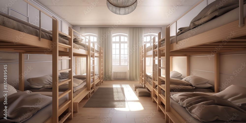 Fototapeta premium A stylish hostel room with bunk beds, featuring a modern and clean design.