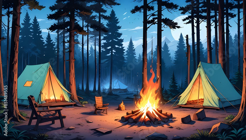 Camping tent in forest campfire by a chairs and a tent 6 photo