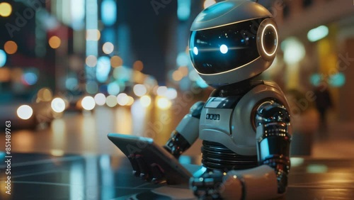 Wallpaper Mural In a futuristic city, a robot interacts with technology under city lights, blending cybernetic innovation Torontodigital.ca