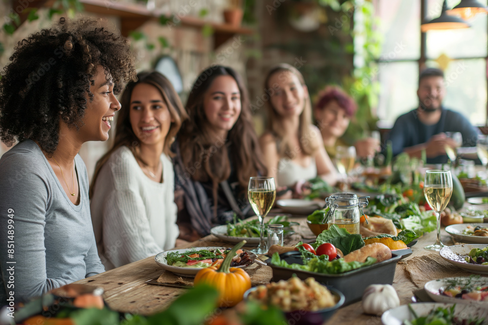 A group of friends enjoying a festive meal with wine, laughter, and happiness around a table. A group of friends enjoying a festive meal with wine, laughter, and happiness around a table.