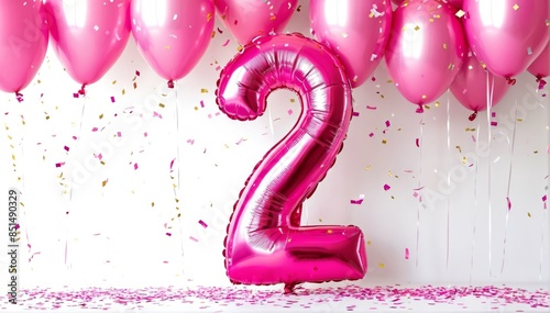 A festive celebration of the second birthday with balloons and confetti in pink tones, an inflatable balloon with the number 2 on a white background photo