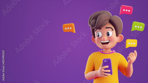 Excited boy holding a phone with colorful speech bubbles in 3D cartoon style photo