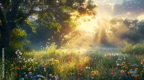 A serene meadow bathed in the soft glow of sunrise, with sunlight filtering through ancient trees and mist rising from dew-kissed grasses.