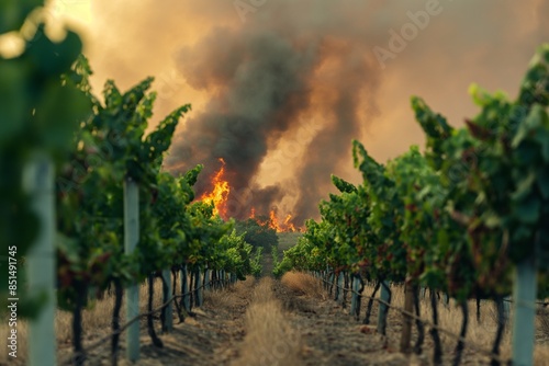 A photo of the vineyards in South Australia on fire, with thick smoke and flames rising high into the sky behind them. This symbolises the concept of climate change and global warming. photo