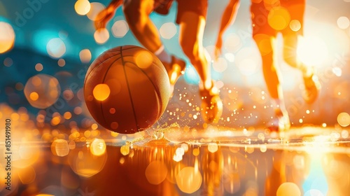 Close-up of a basketball game with blurred players and a bokeh background. photo