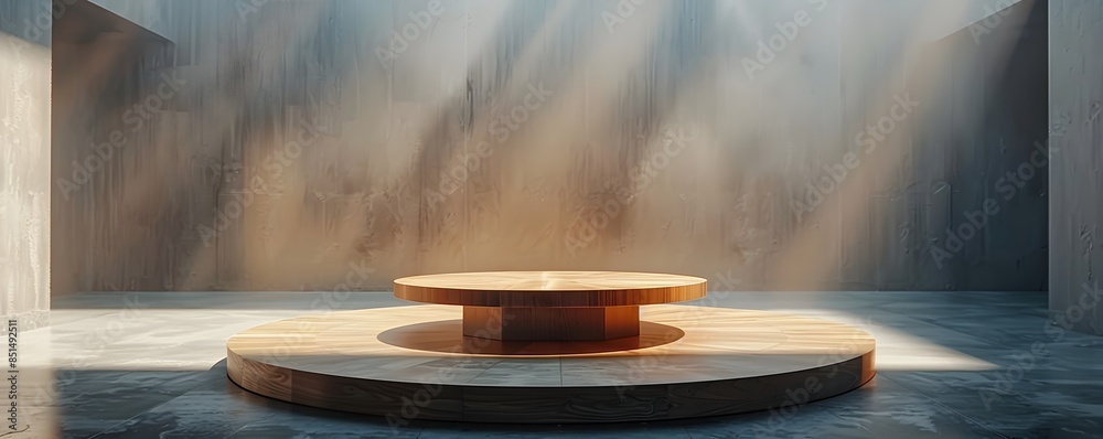 Circular Wooden Table on Elevated Platform in Gallery Under Spotlight for Art and Product Displays Circular Wooden Table on Elevated Platform in Gallery Under Spotlight for Art and Product Displays