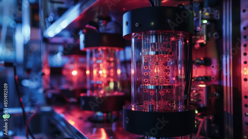 Inside a quantum computing lab, abstract technology wallpaper with with advanced quantum computers, featuring entangled particles and complex data processing systems