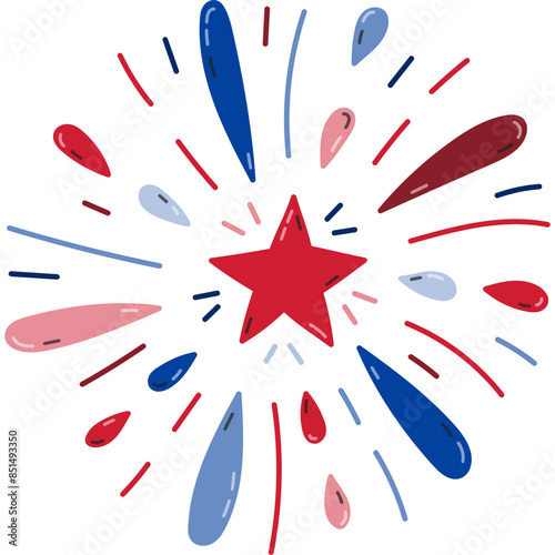 Cute cartoon firework with stars in colors of USA flag for holidays, celebration and festival as sign of Independence day, 4th July