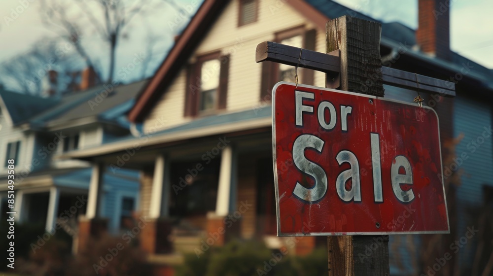Obraz premium A closeup of a For Sale sign in front of a house