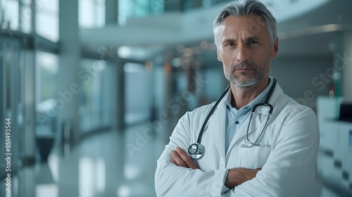Handsome middle-aged doctor in a white coat holding a stethoscope, a portrait of a confident male health care professional standing in a hospital entrance hall. © horizon