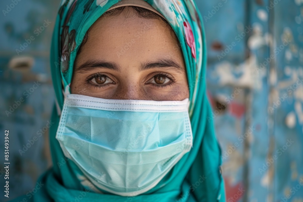 Portrait of a woman in a headscarf wearing a surgical mask. Ideal for healthcare, pandemic awareness, and cultural diversity projects. Portrait of a woman in a headscarf wearing a surgical mask. Ideal for healthcare, pandemic awareness, and cultural diversity projects.