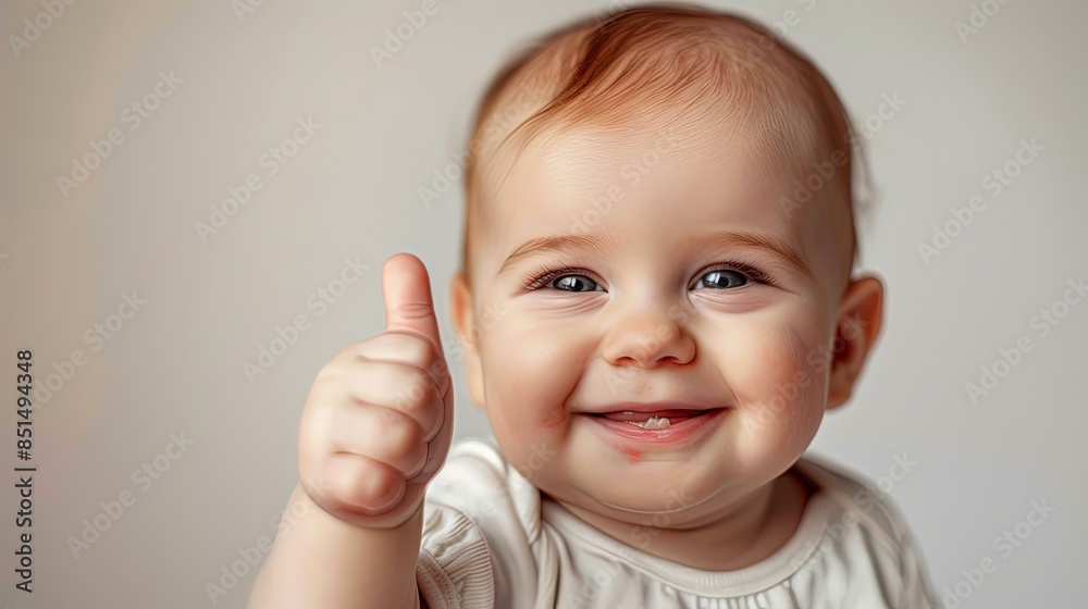 A joyful baby with a beaming smile and sparkling eyes gives a thumbs up, wearing a soft white top A joyful baby with a beaming smile and sparkling eyes gives a thumbs up, wearing a soft white top