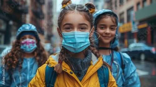 Cute little girls in medical masks on the background of the city