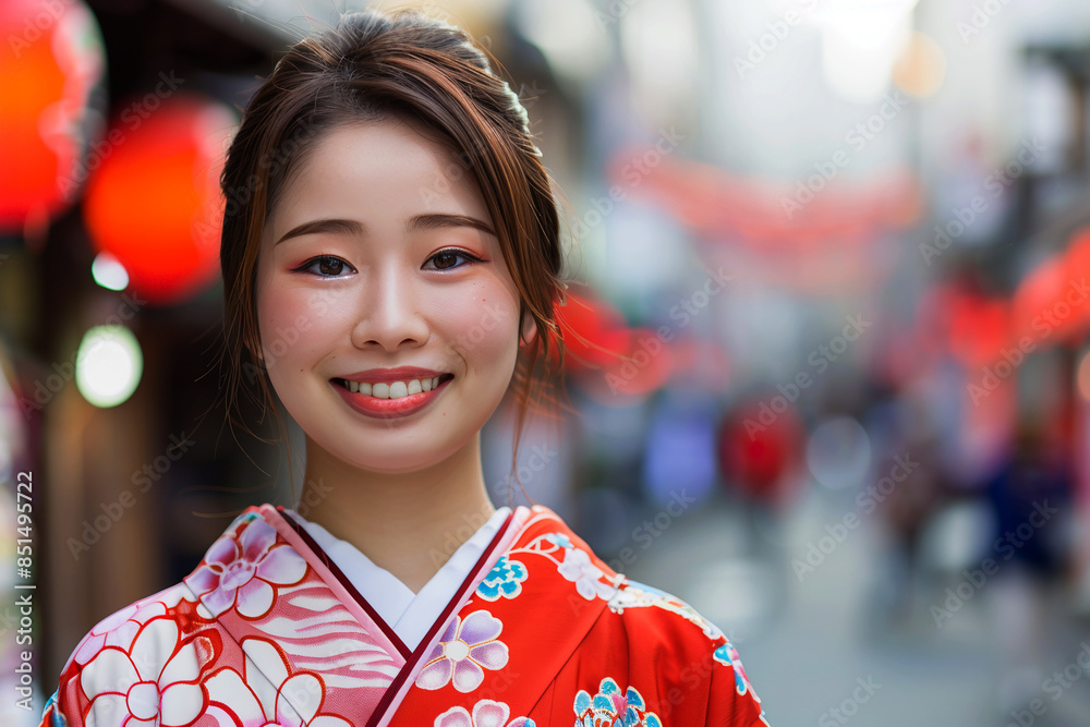 Beautiful smiling Japanese woman in red traditional clothing on a festive street. Japanese culture concept. Copy space. Beautiful smiling Japanese woman in red traditional clothing on a festive street. Japanese culture concept. Copy space.