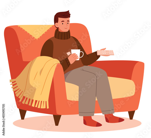 Man watches TV on sofa with coffee cup vector illustration. Watching TV and drink coffee, relax at home on couch