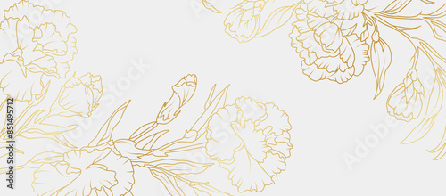 Luxury gold carnation flowers background. Floral pattern tropical in line art style for greeting, invitation, wedding card, wall art, wallpaper and print. Vector illustration