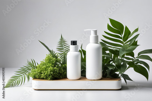 Cosmetic set on white podium with green leaves. Skin care bottles with cosmetic product showcase, unbranded design © IKvyatkovskaya