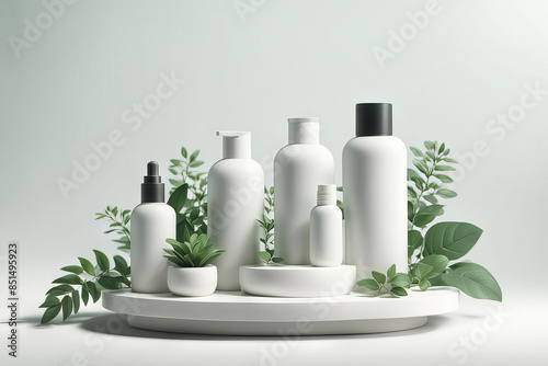 Blank toiletries set with green leaves on white background. Skin care products.