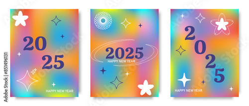 Happy New Year 2025 poster template design. Modern aesthetic gradient vintage backgrounds, geometric abstract fluid shapes. Trendy vector minimalist aesthetics for covers, messages, invitations.