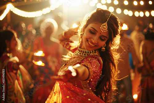 Happy beautiful Indian woman in colorful traditional clothing saree dancing on a Diwali festival. Indian culture concept. Copy space photo