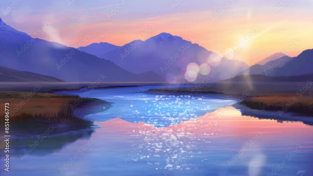 view of mountains and rivers at dawn, anime or cartoon style view of mountains and rivers at dawn, anime or cartoon style